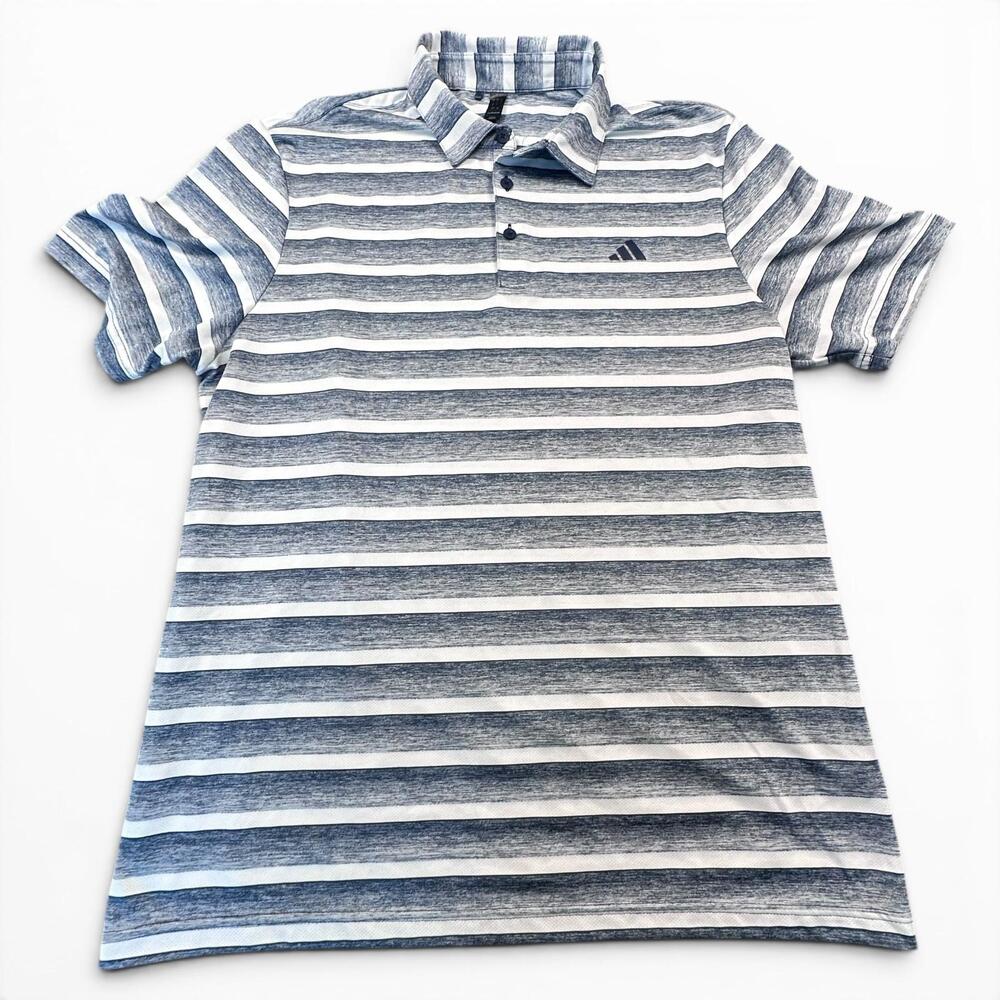 Adidas Polo Shirt Mens Large Blue Striped Short Sleeve Golf Performance Top
